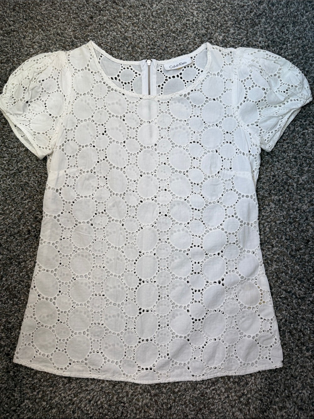 Calvin Klein White Circular Eyelet Short Sleeve Blouse